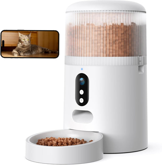 Automatic Cat Feeder with Camera, 3MP HD Video & Night Vision, 5G/2.4G Wifi Smart Pet Feeder with APP Control, 2-Way Audio, Motion Alerts, Low Food Sensor, Timed Cat Feeder for Cats & Dogs, 4L