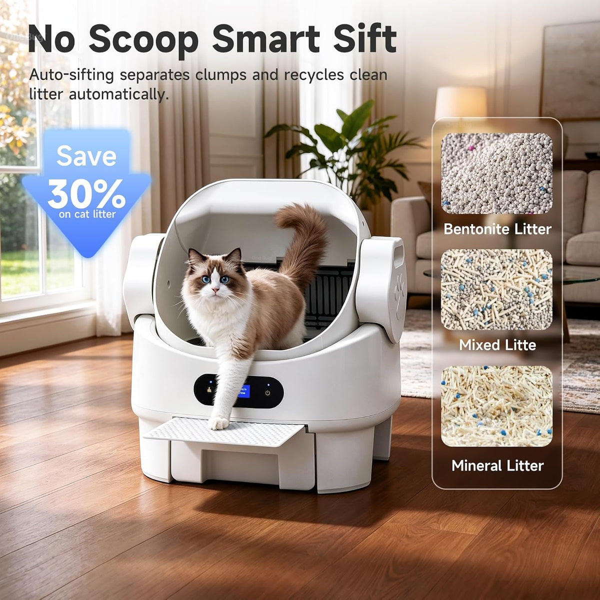 Open Top Automatic Self Cleaning Multiple Cat Litter Box, White