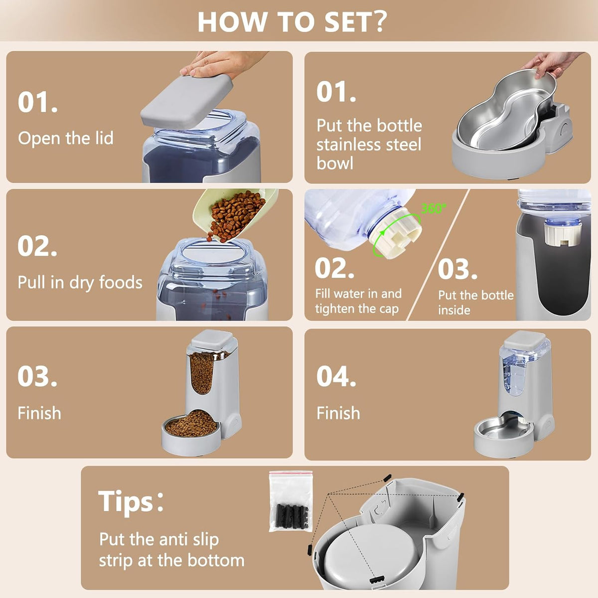 Automatic Cat Feeder and Water Dispenser with Stainless Steel Bowl Dog Gravity Food Feeder and Waterer for Small Medium Pets Puppy Kitten 1 Gallon X 2