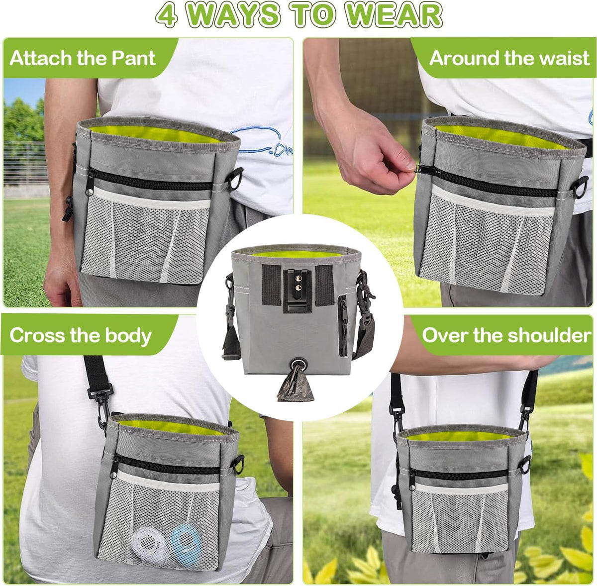 Dog Treat Pouch for Training -6 PCS Dog Training Treat Bag with Clicker, Poop Bag Dispenser, Whistle, Collapsible Bowl, Silicone Pouch, Adjustable Waist Pack for Dog Walk, Park, Outdoor Charcoal Gray